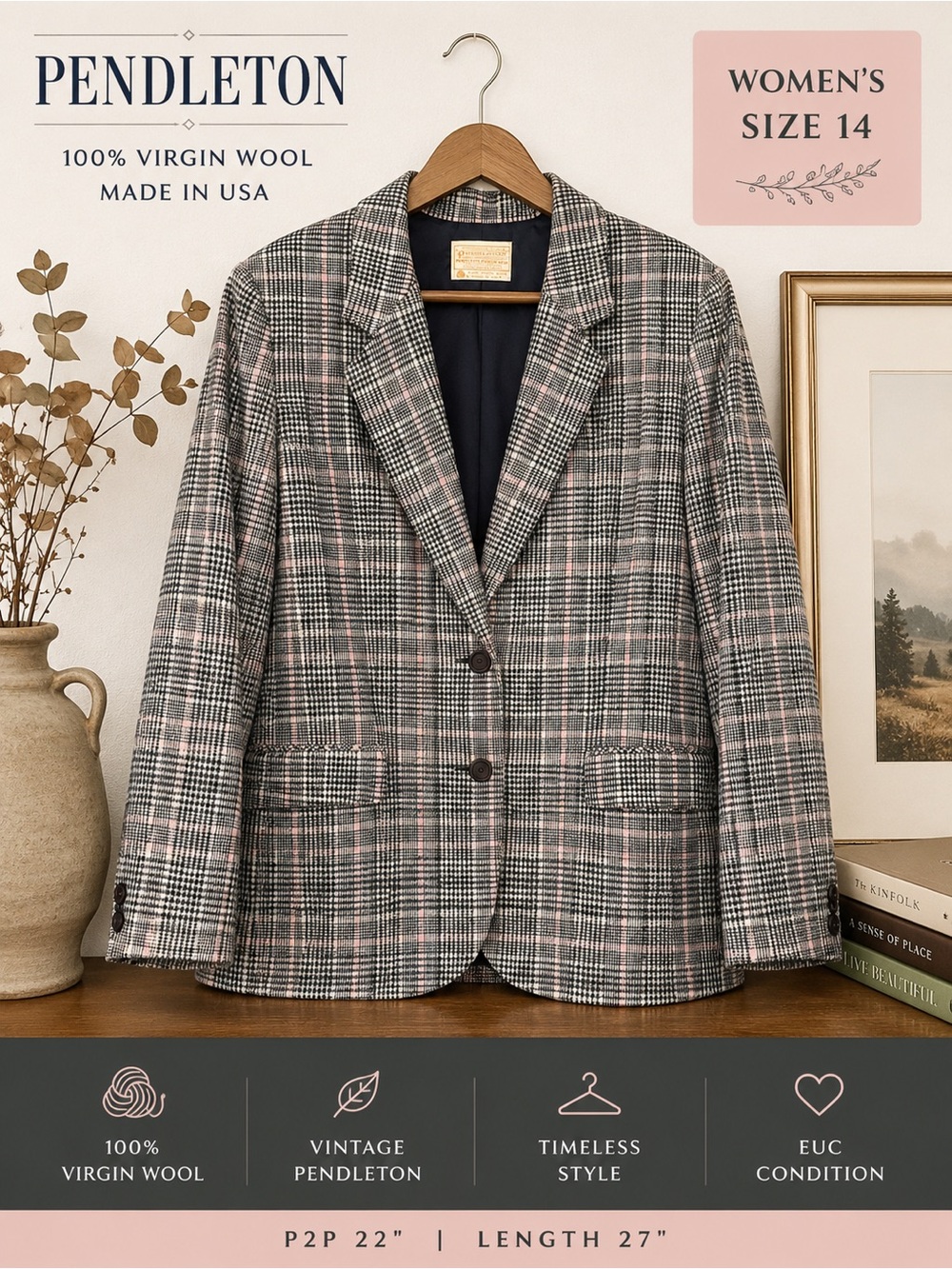 Vintage Pendleton Women’s Size 14 100% Virgin Wool Plaid Blazer Pink Gray USA